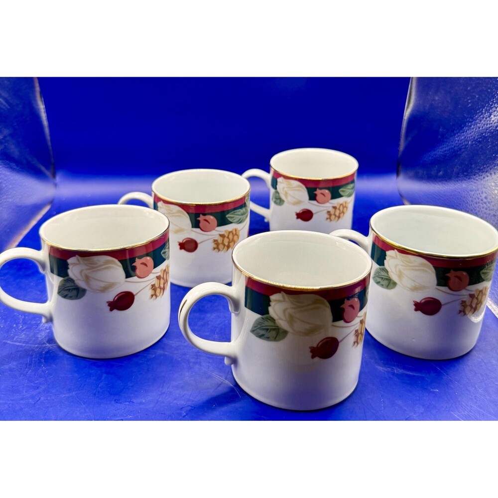 VTG Tienshan Fine China Magnolia Set(5)Coffee Mugs 1990s Floral with Gold Trim